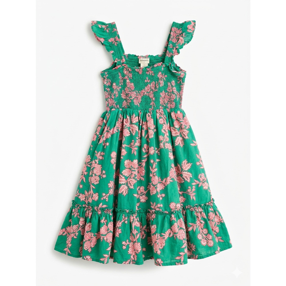 J.Crew Crewcuts Girls Green Pink Floral Smocked Ruffle Tiered Cotton Dress 7